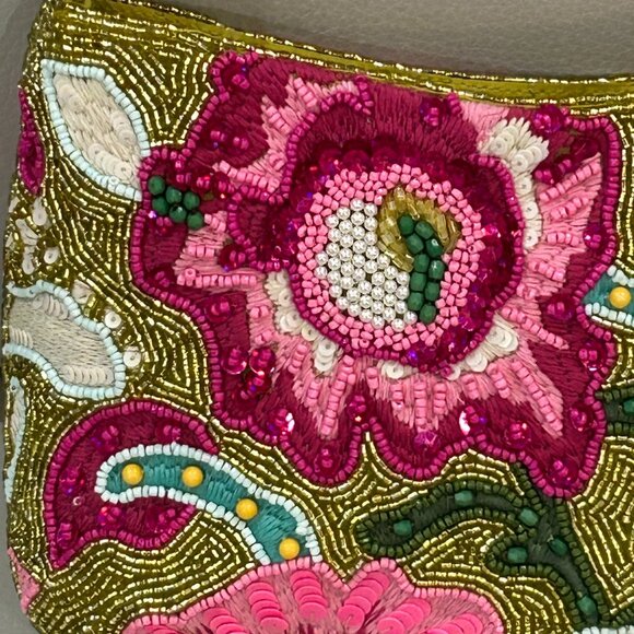 Beaded Bag Vibrant Floral Gold Hot Pink Tropical Colorful Flowers Made in India - Picture 4 of 6